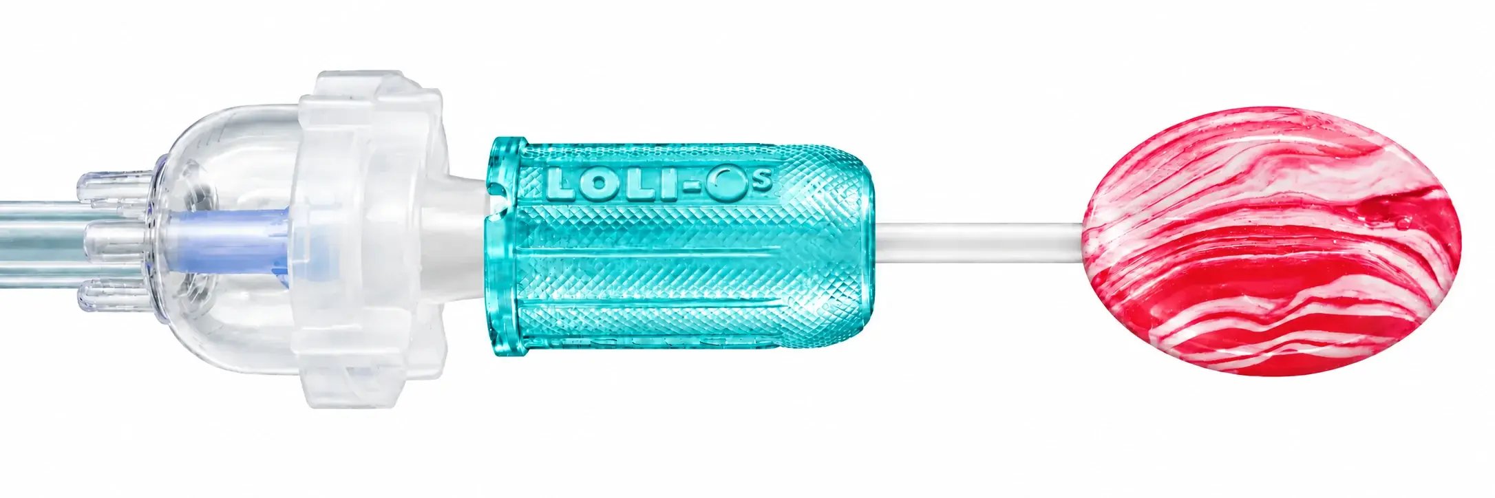 Loli-O’s teal nebulizer mouthpiece with a red and cream swirl lollipop.