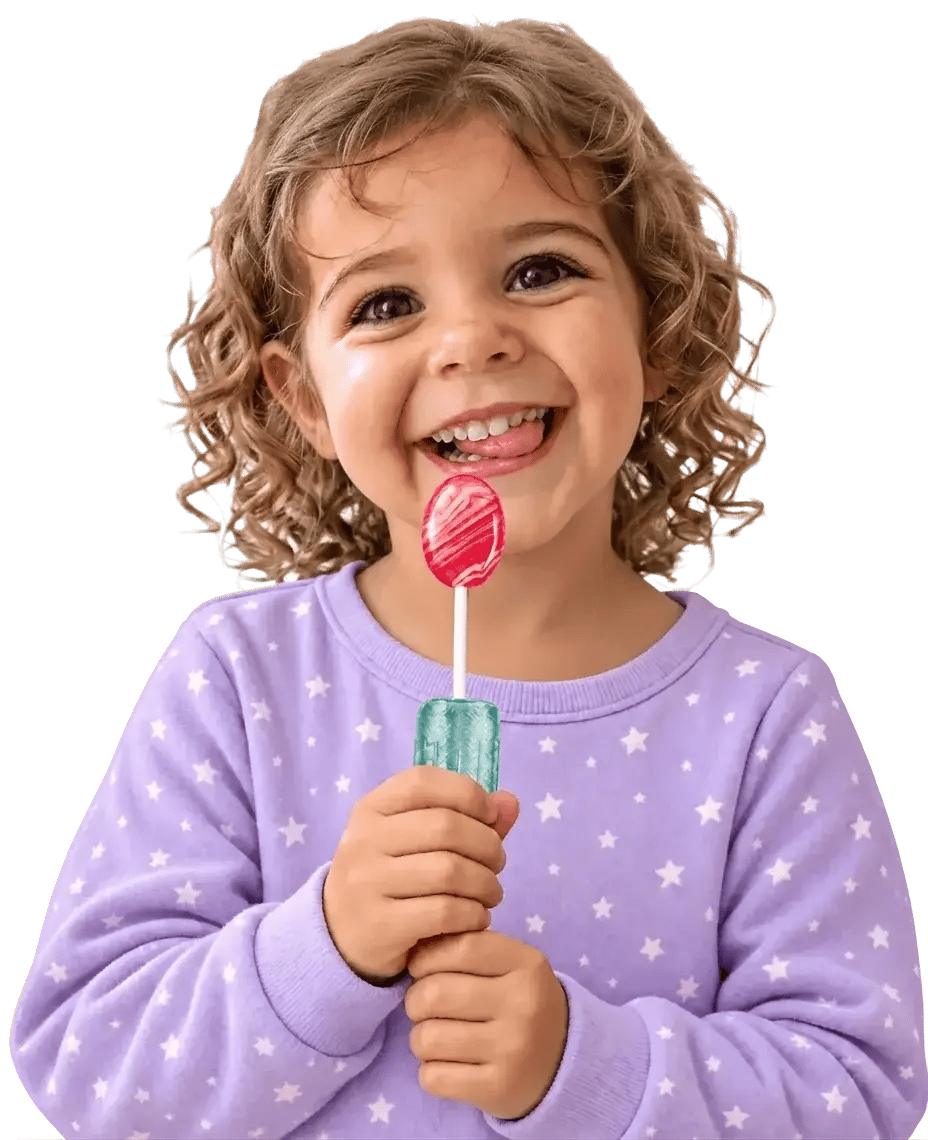 A smiling girl in a lilac star sweater holding a Loli-O’s Neb Pop with a red swirl lollipop.