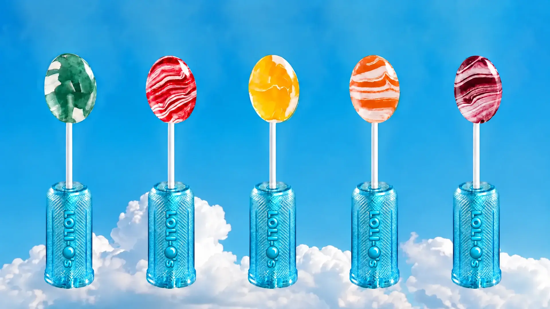 Five Loli-O’s Neb Pops with swirl lollipops in different colors against a blue sky.